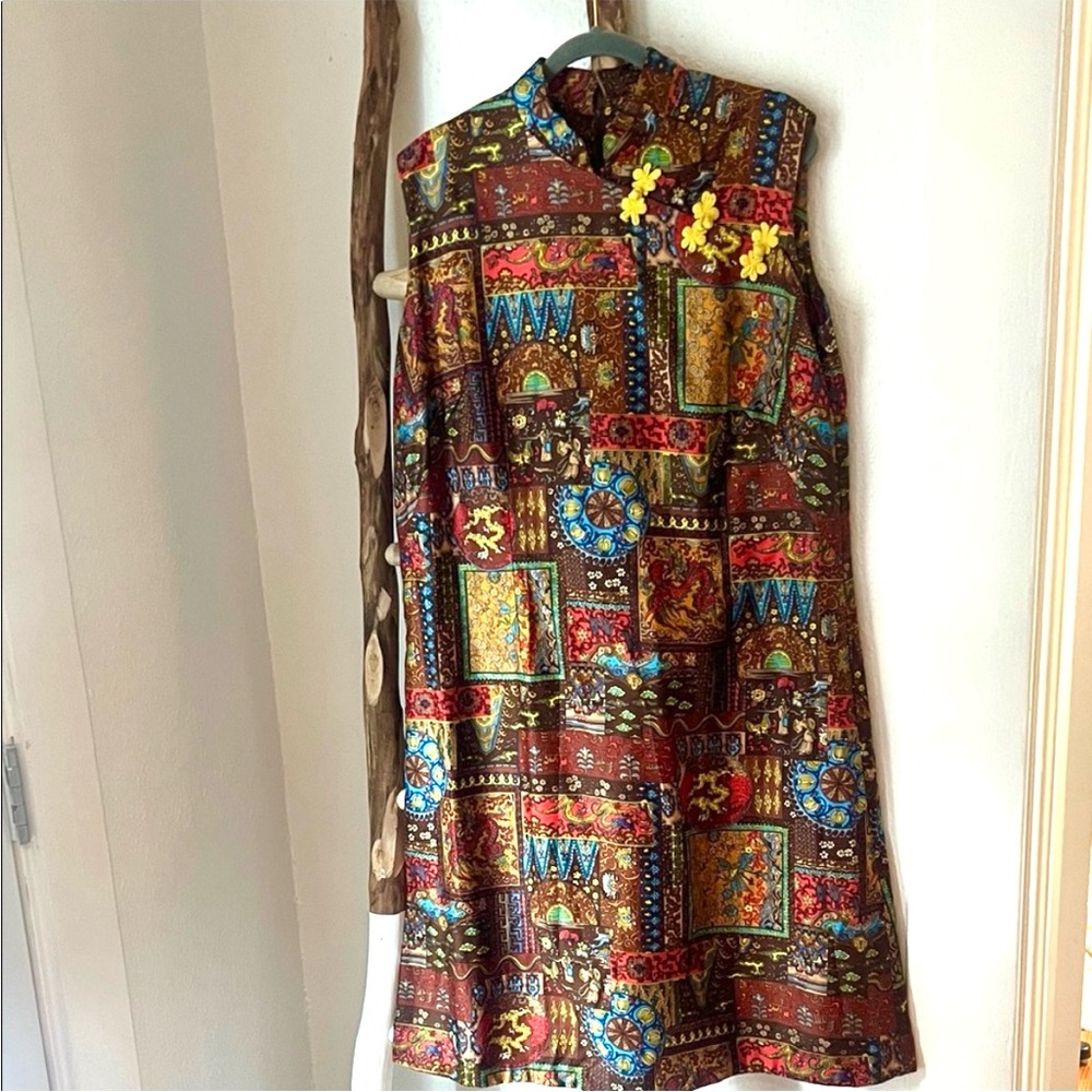 Vintage OOAK 70s  Cotton Patchwork Cotton Cheongsam Sleeveless Midi Dress Large